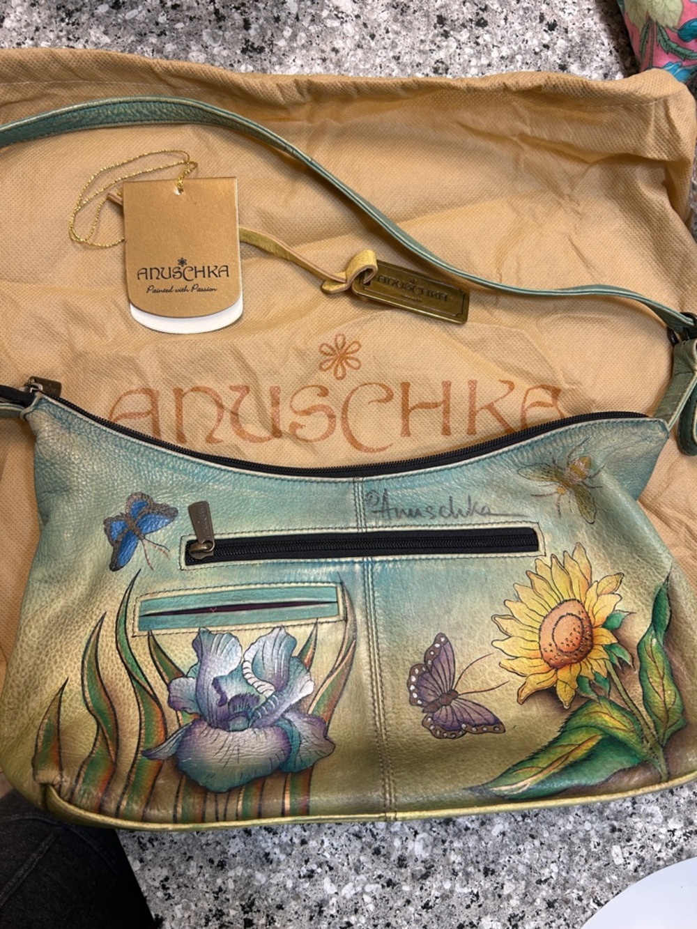 Anuschka Hand-Painted Floral & Butterfly Leather Shoulder Bag - Teal Multi